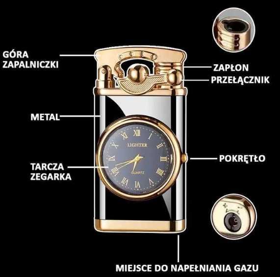 Metalowa Zapalniczka Gazowa + Zegarek - CZARNY