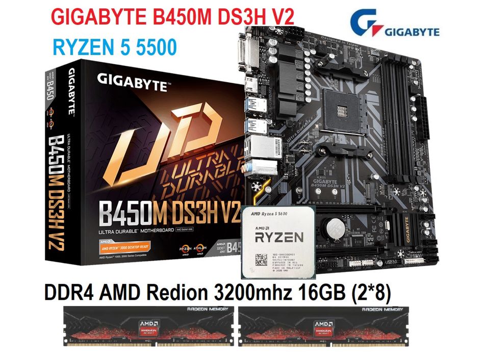 Ігровий комплект Ryzen 5 5500 Gigabyte B450M DS3H ddr4 AMD 16gb