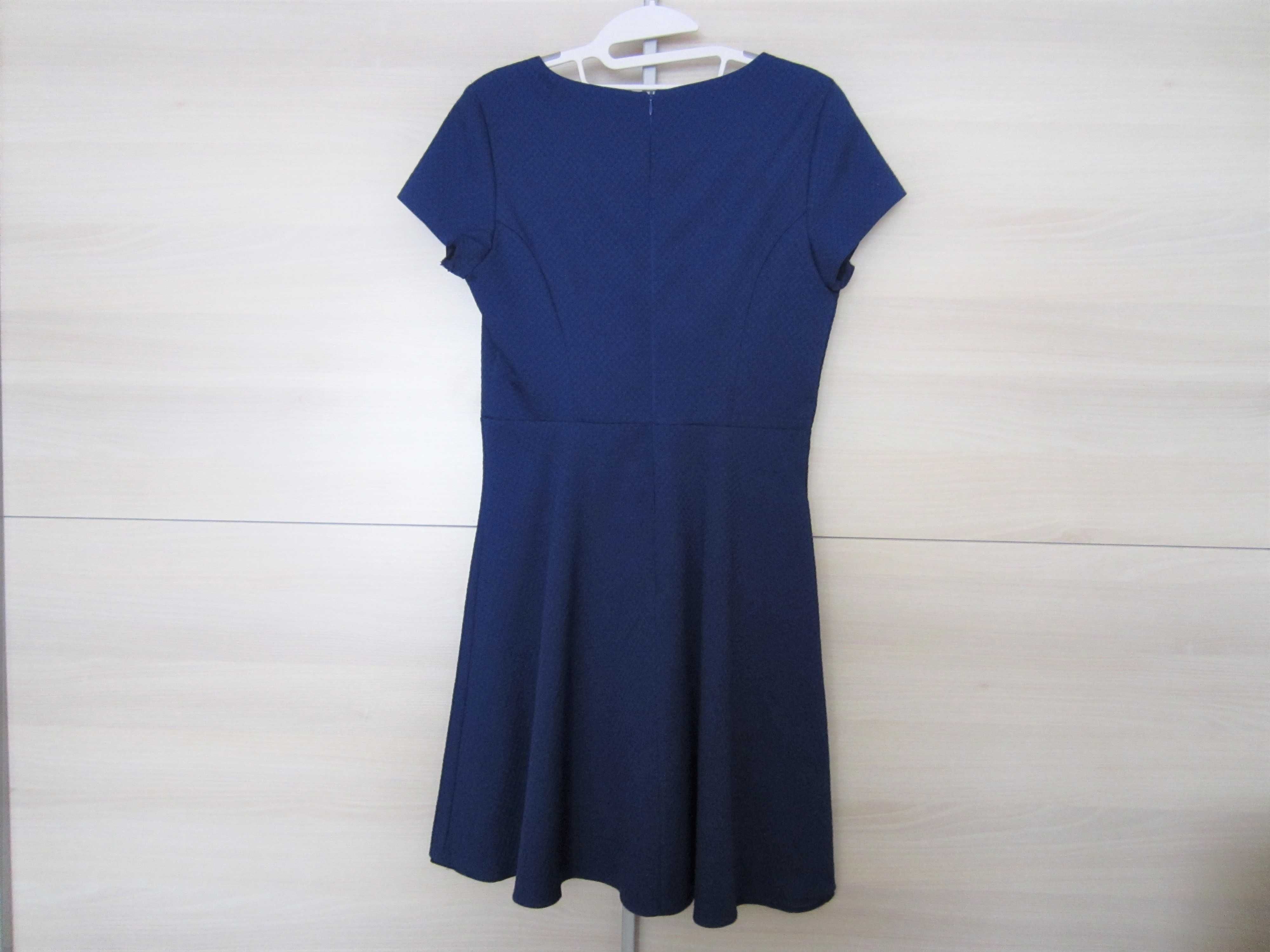 Nowa elegancka niebieska (granatowa) sukienka, krótki rękaw, rozm. 36