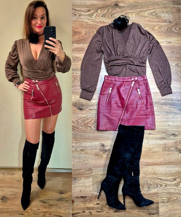 Stradivarius burgundowa spódniczka z ekoskóry r.34 XS