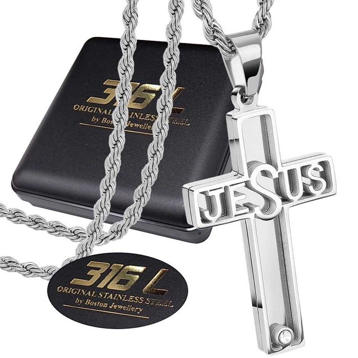 Srebrny Łańcuszek z Krzyżykiem STAL CHIRURGICZNA Ładny SPOLT KRÓLEWSKI