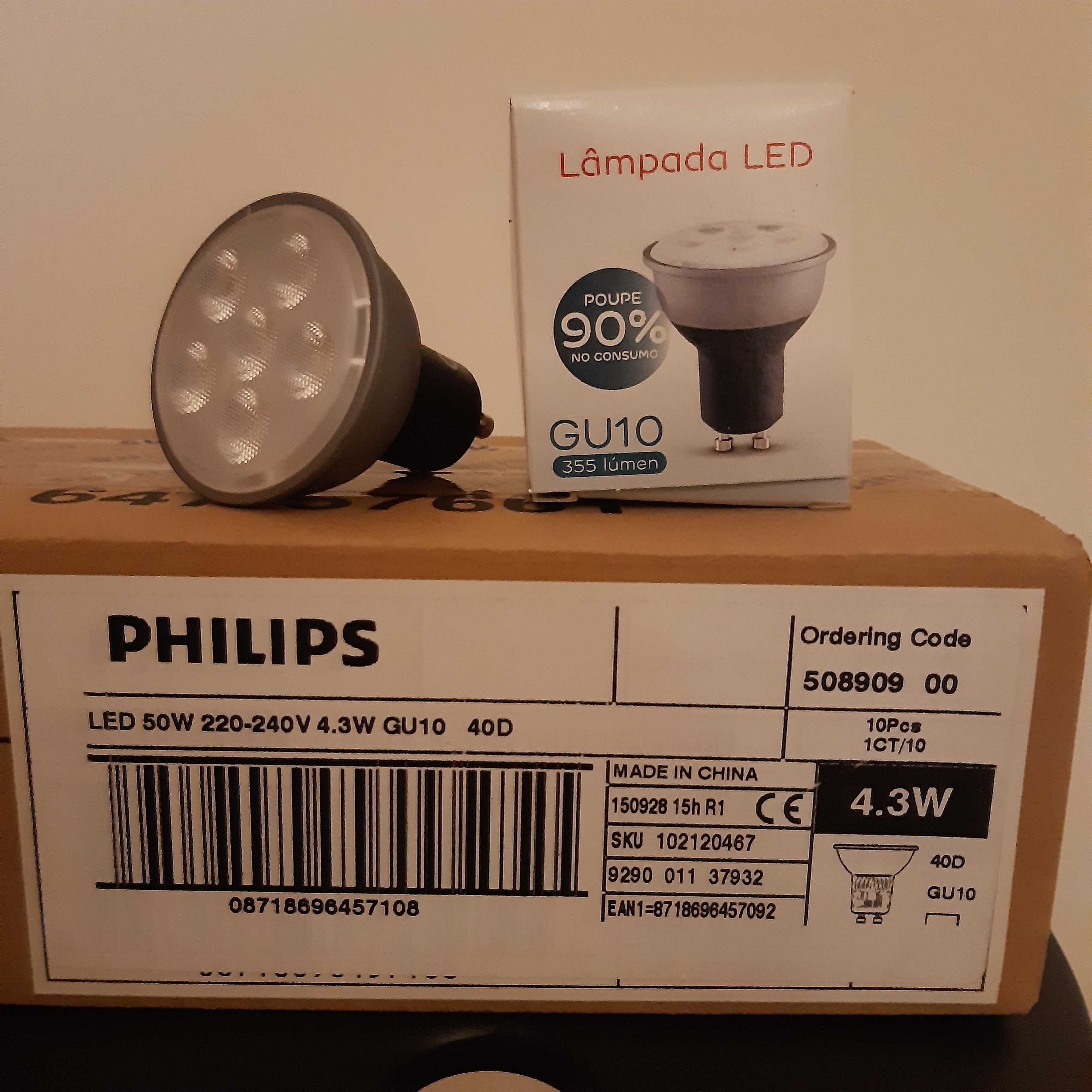 Cj de 10 Lâmpadas PHILIPS dimáveis GU10 LED branco suave 2700K (50W)