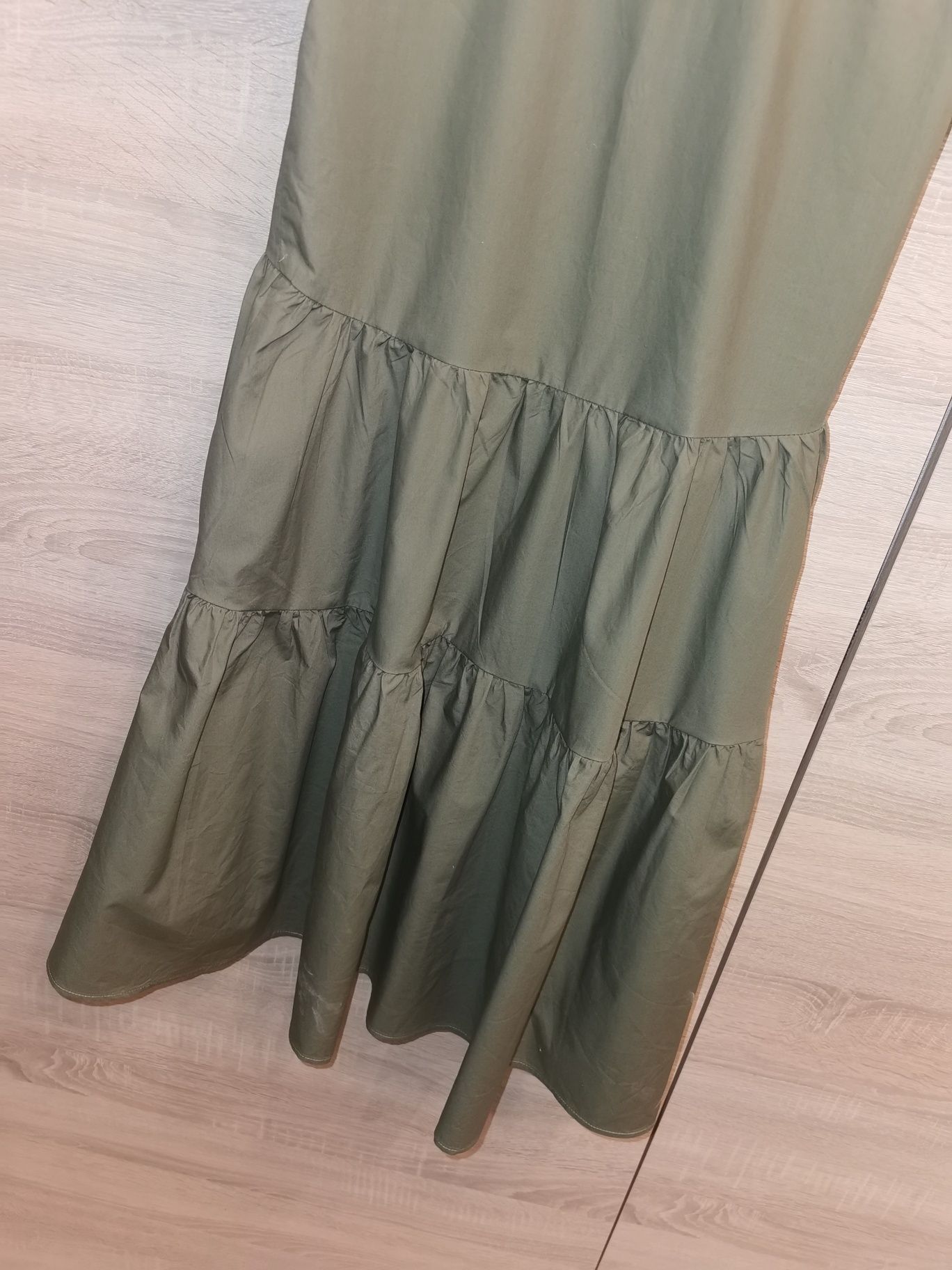 Bawełniana sukienka Reserved 34 XS khaki army green falbanki