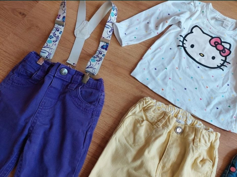 rozm. 80 zestaw NEXT H&M spodnie szelki bluzka Hello Kitty paka wiosna