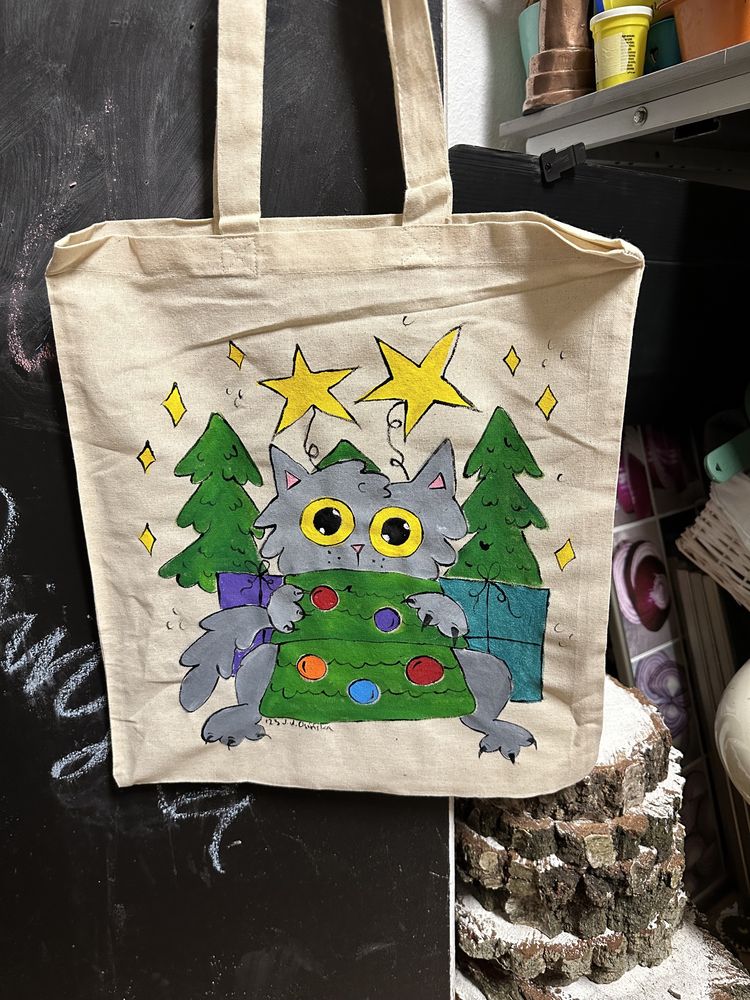 Torba bawelniana shopper szary kot kociara choinka swieta christmas