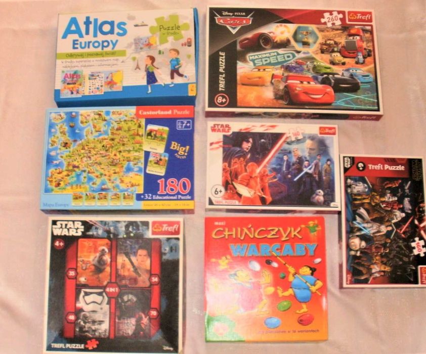 7 zestawów puzzli, w tym 3 Star Wars + 4 puzzle, chińczyk i warcaby.