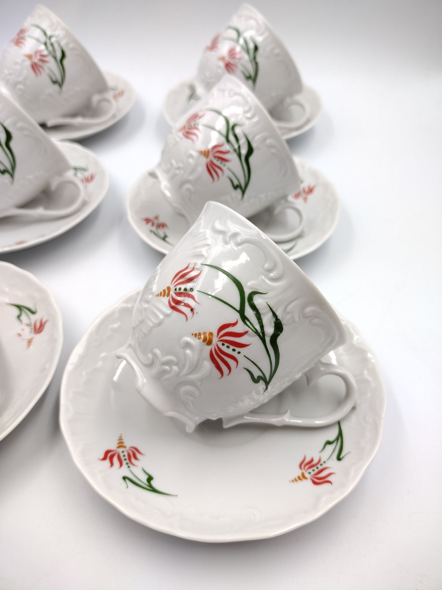 Komplet filiżanki Ćmielów Rococo polska porcelana antyk 60te PRL retro