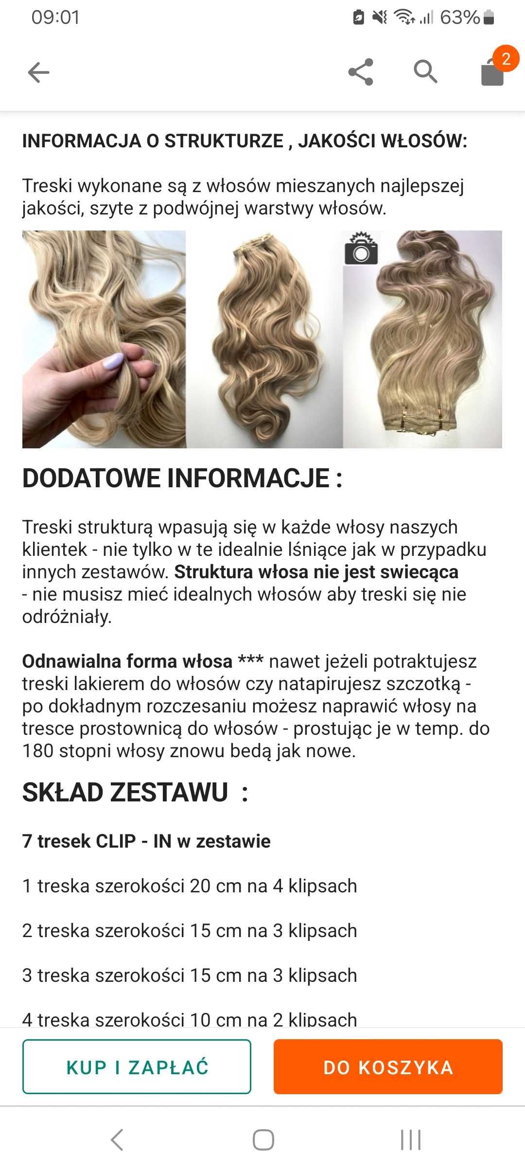 Doczepiane włosy brązowe ZESTAW Clip in Fale peruka