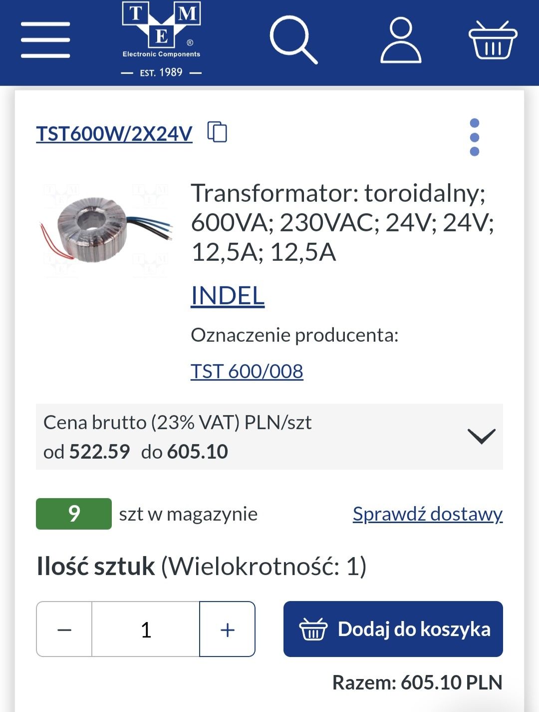 Transformator toroidalny Nowy INDEL TST 600/008 Nowy