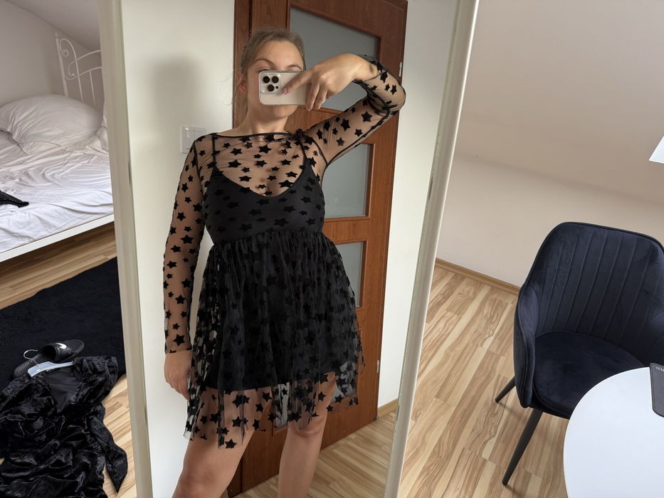 Sukienka damska czarna w gwiazdki tiulowa S/M