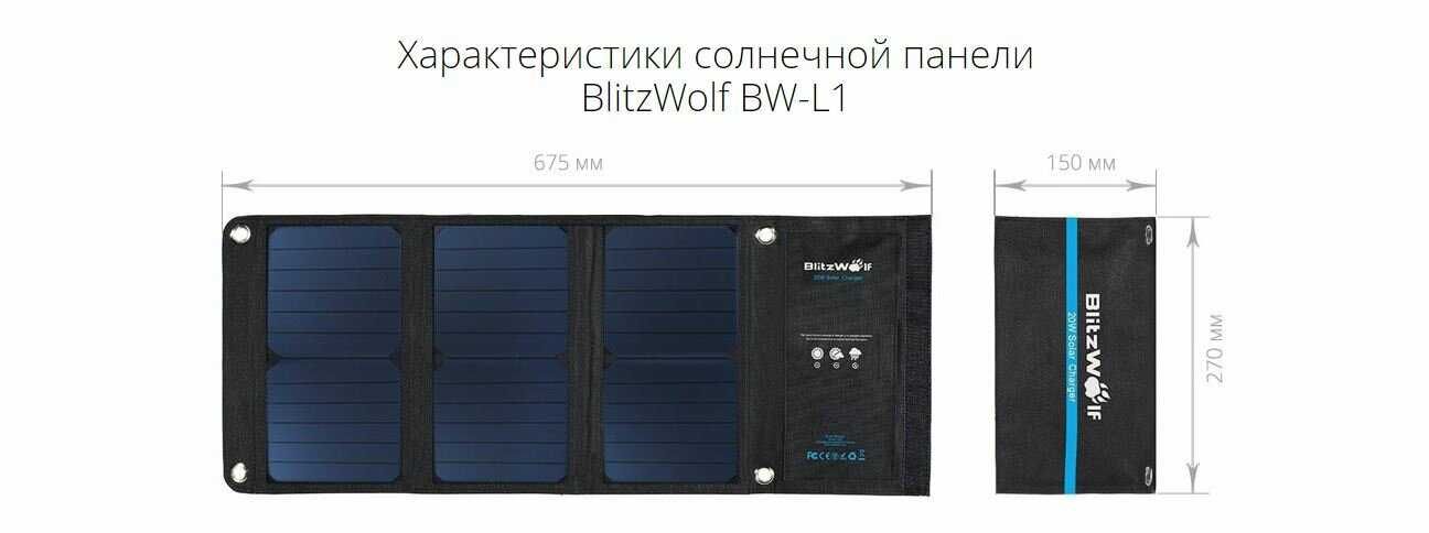 Портативна зарядна сонячна панель BlitzWolf 20W 2 USB