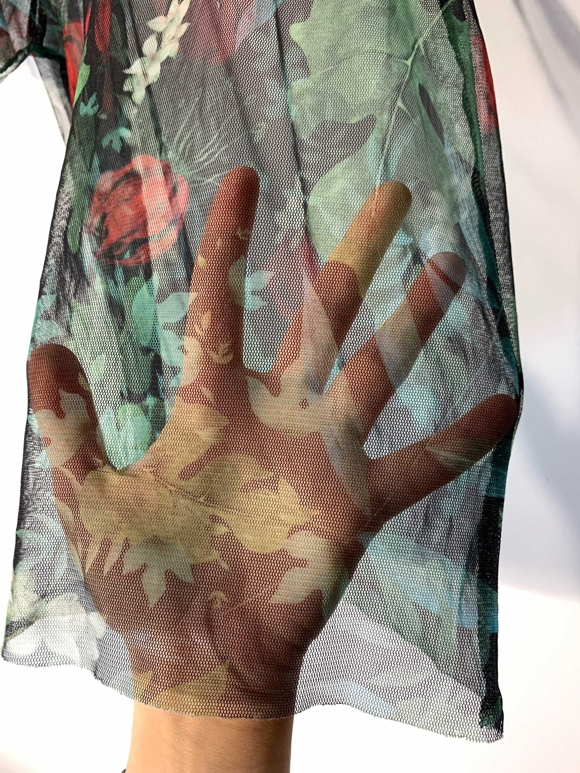 bluzka koszulka transparentna siateczka XS floral forest mgiełka