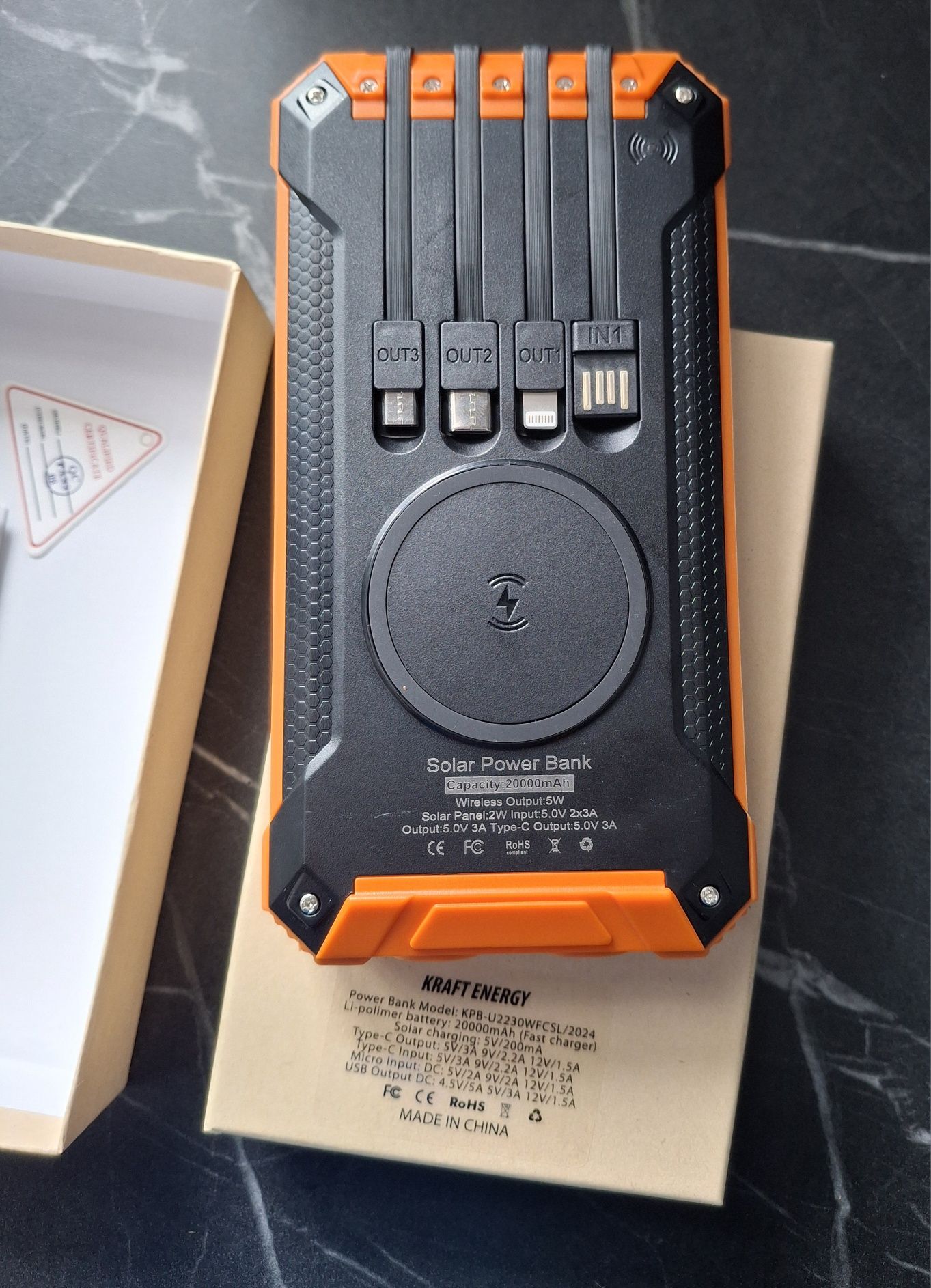 Повербанк на сонячній батареї 20000MAH Powerbank 4 кабелі USB