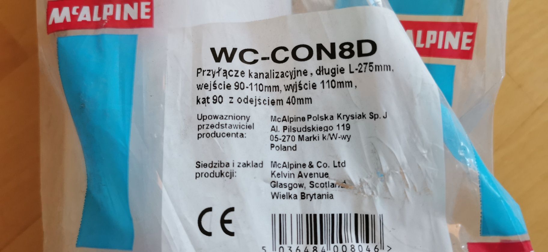 Przyłącze WC mcalpine dl 275mm, z odejściem 40mm