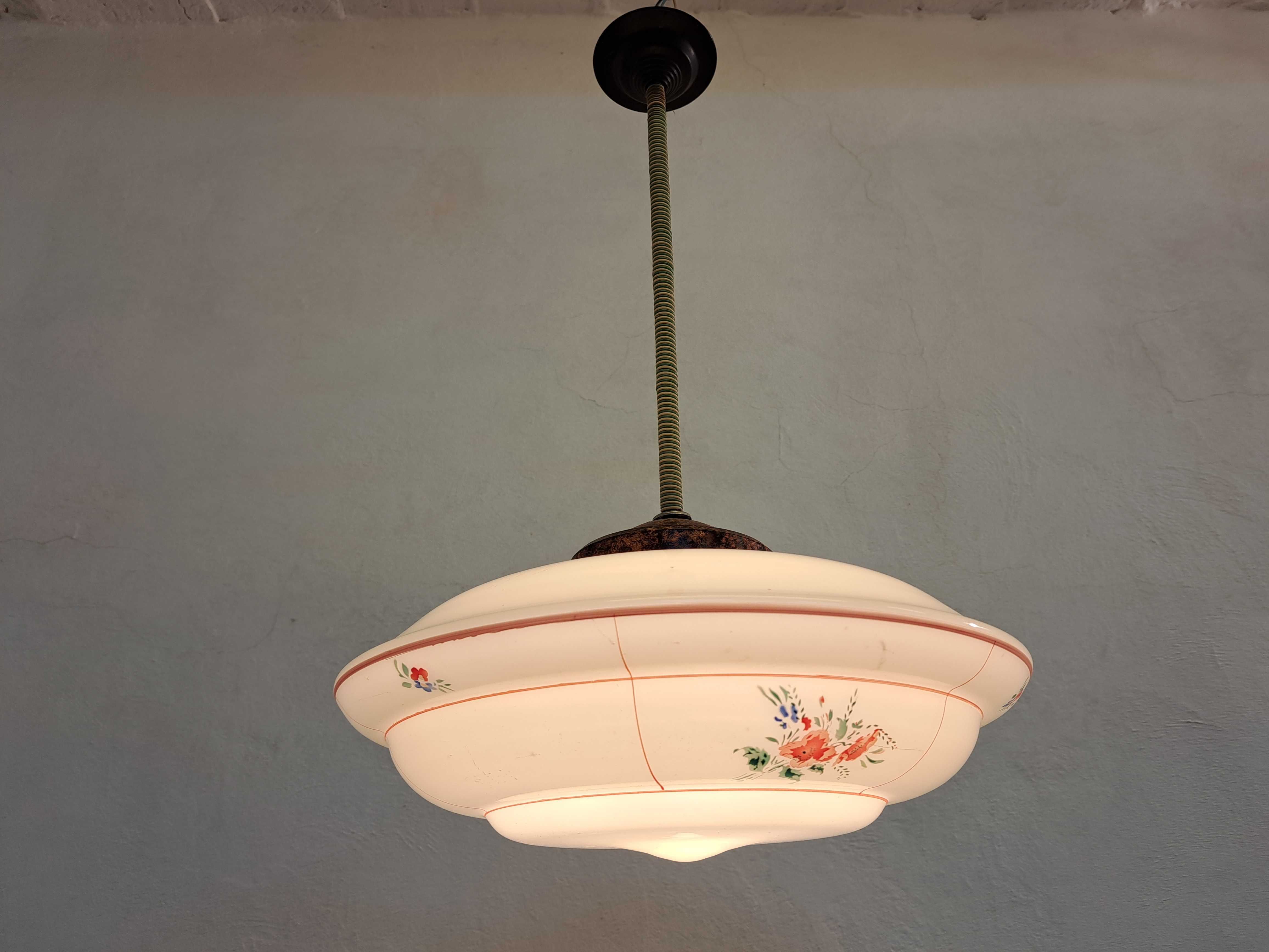 Lampa szklany klosz spodek art deco kwiaty pręt