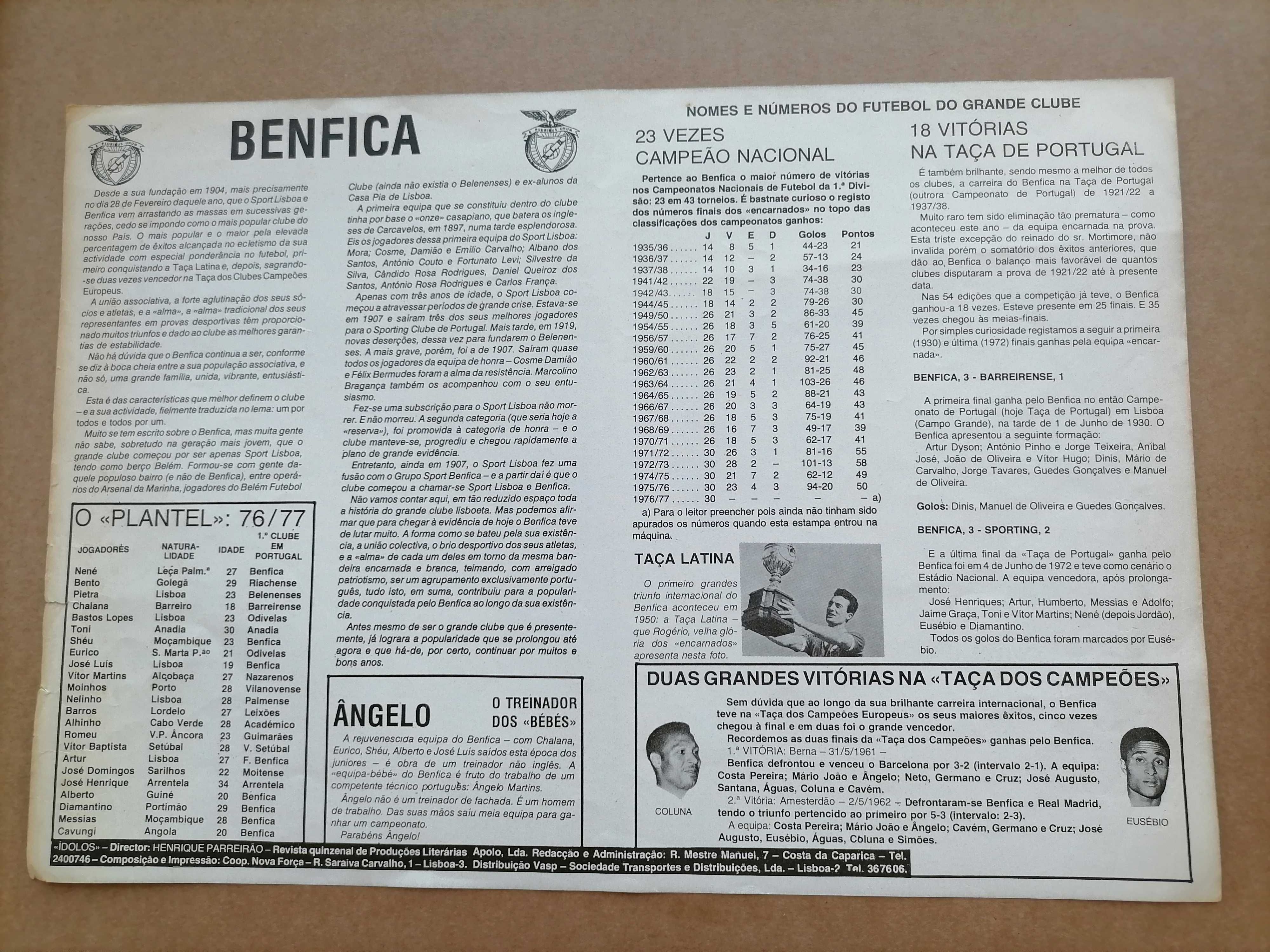 Separatas Ídolos 1976/1977 Equipas BENFICA - SPORTING - PORTO