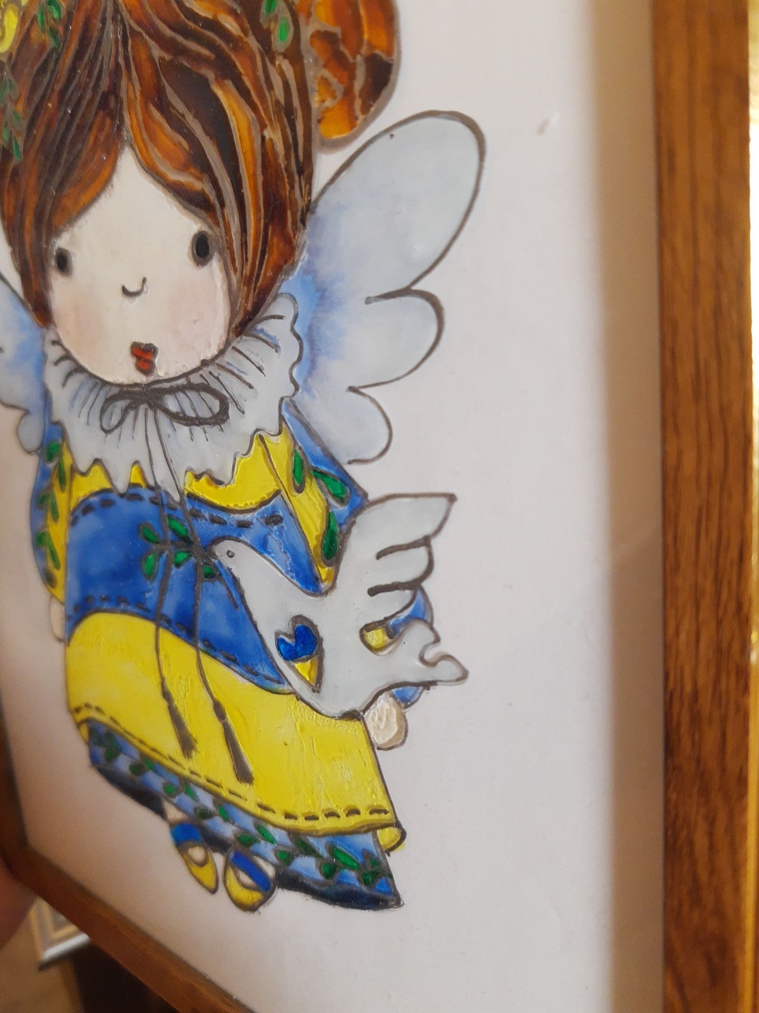 Вітражна картина "Україночка з голубкою", ручна робота, вітраж,