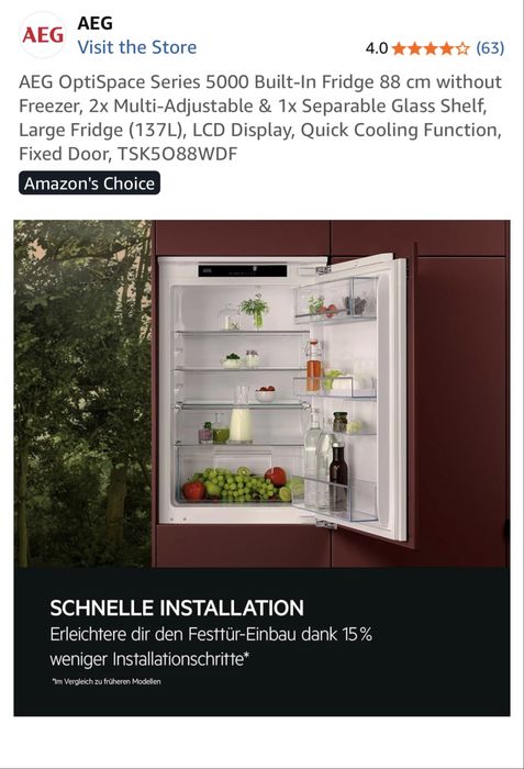 Вбудований холодильник AEG OptiSpace Series 5000