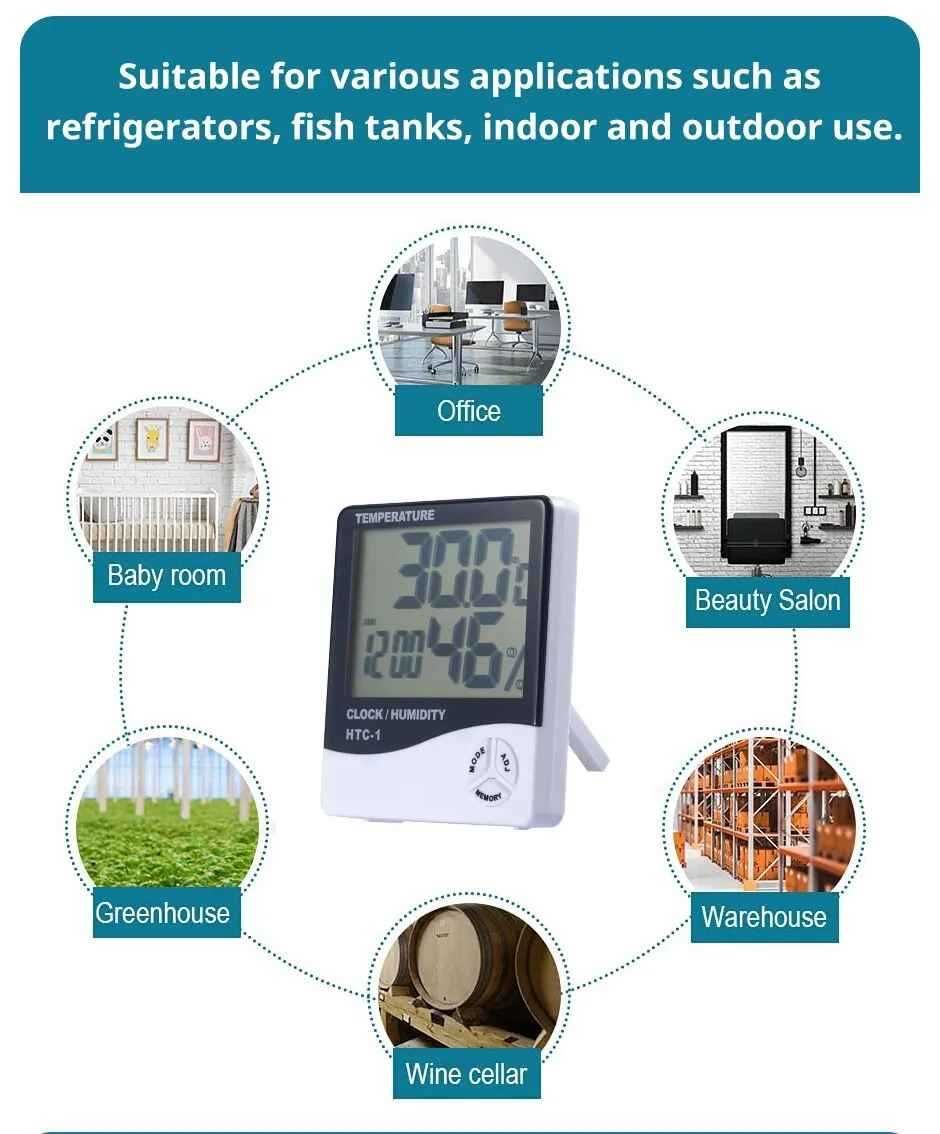 Medidor Digital Humidade, Temperatura e Relógio Higrómetro Termómetro