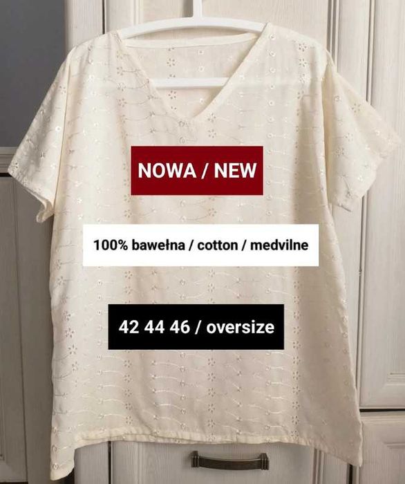 42 44 46 oversize bawełniana haftowana bluzka vintage ażur kwiatki