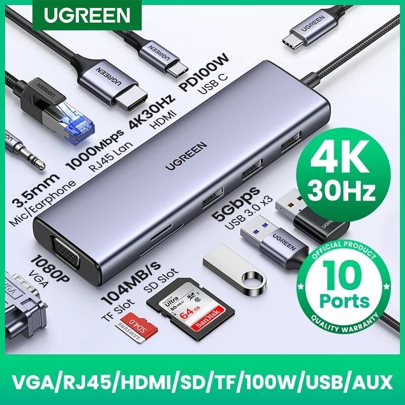 Ugreen USB C type хаб док станція 10 в 1 Multifunction Adapter