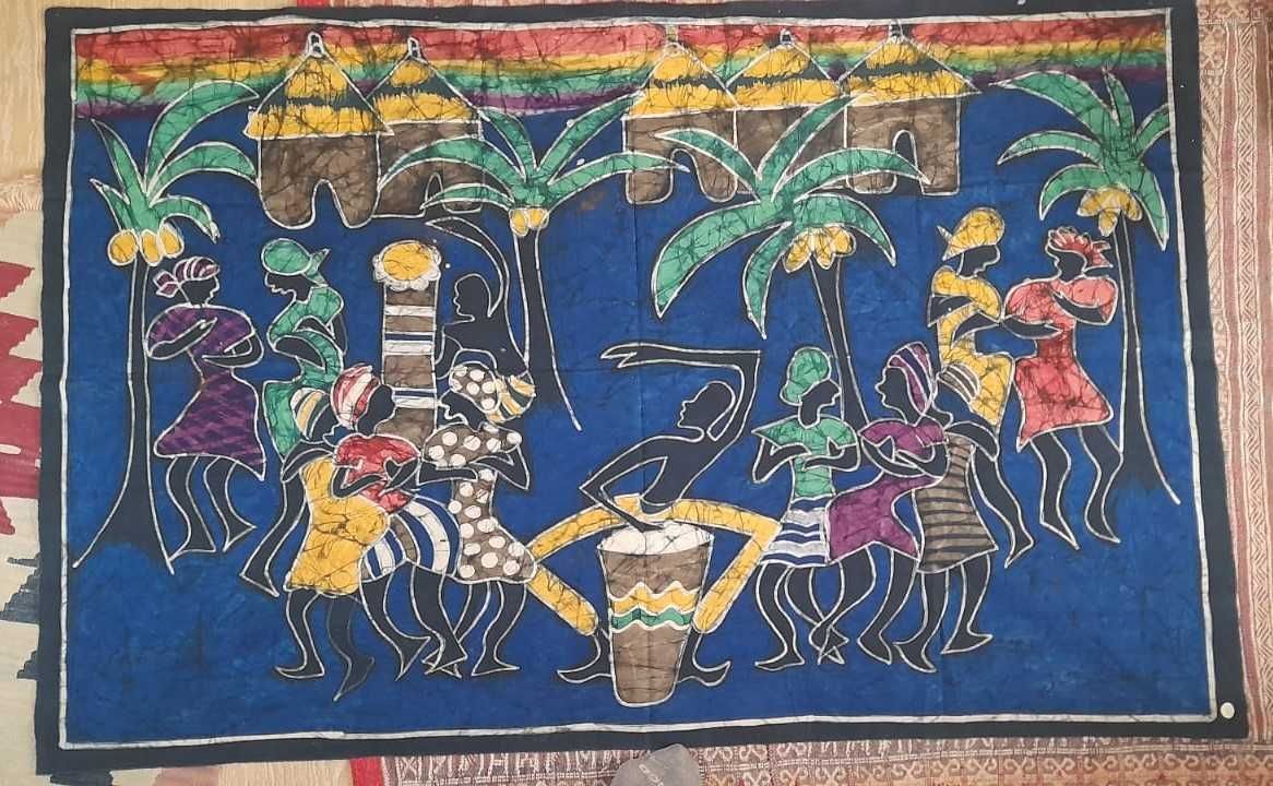 Tela em Batik senegalesa com cena de aldeia