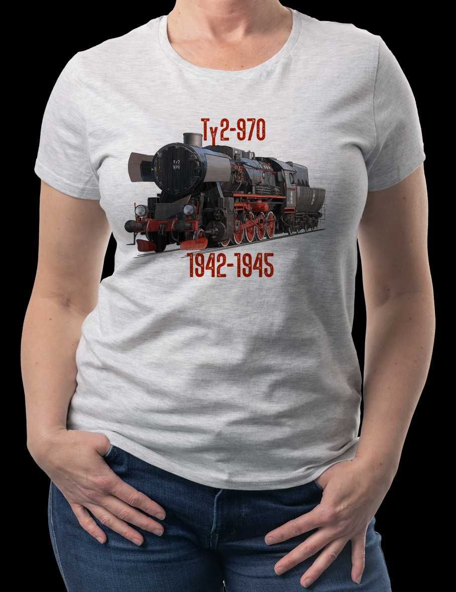Koszulka Damska z Lokomotywą Ty2 Szara T-shirt rozmiar L