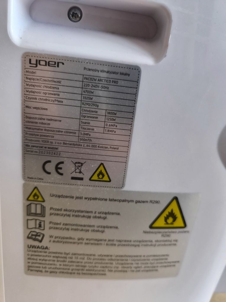 Klimatyzator przenośny YOER Arctic Pro 4,7kW. Aplikacja,Cich