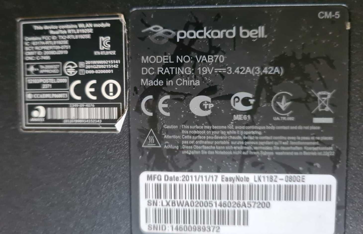 Packard Bell EasyNote VAB70 ( LK11-BZ-080GE ) 17.3" разборка.