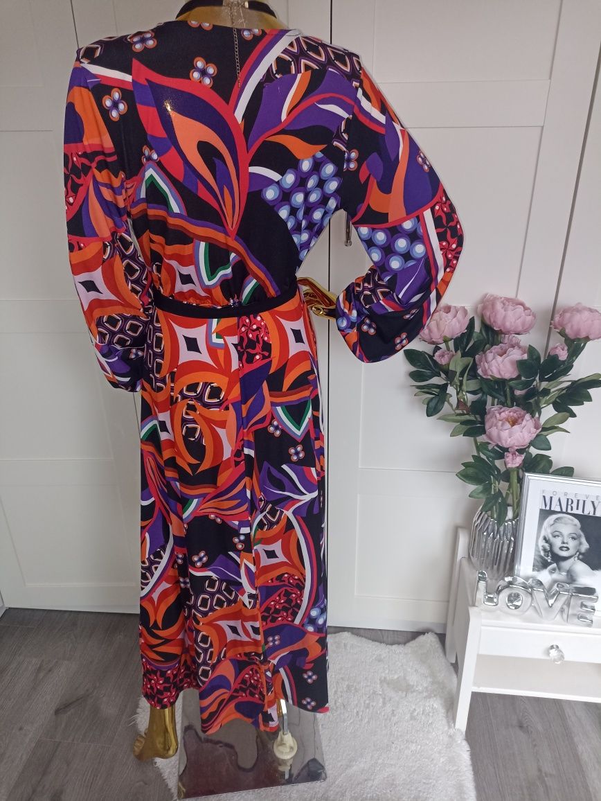 Nowa długa sukienka wiązana w pasie , żywe kolory  Bodyflirt 36/38