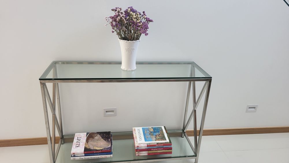Consola de vidro e inox