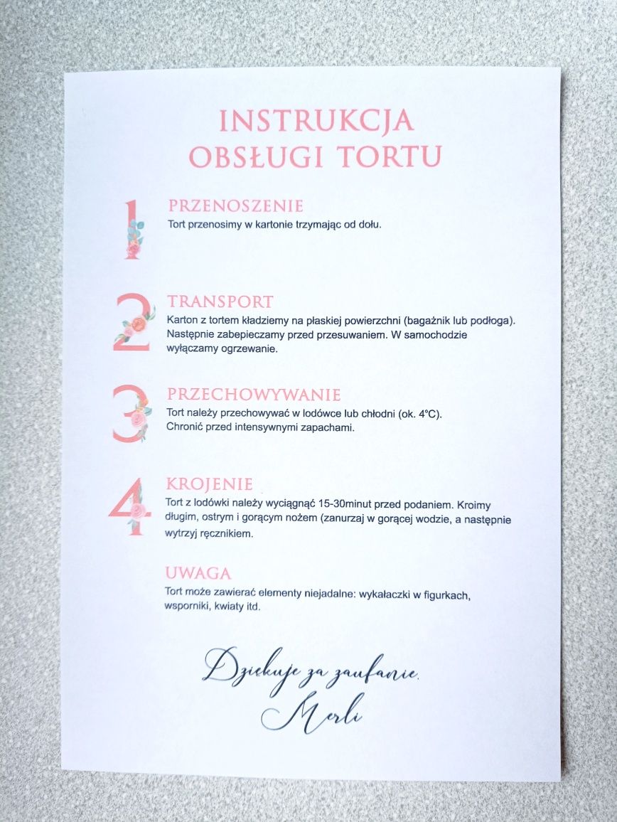 Instrukcja obsługi tortu krojenia etykieta naklejka A5