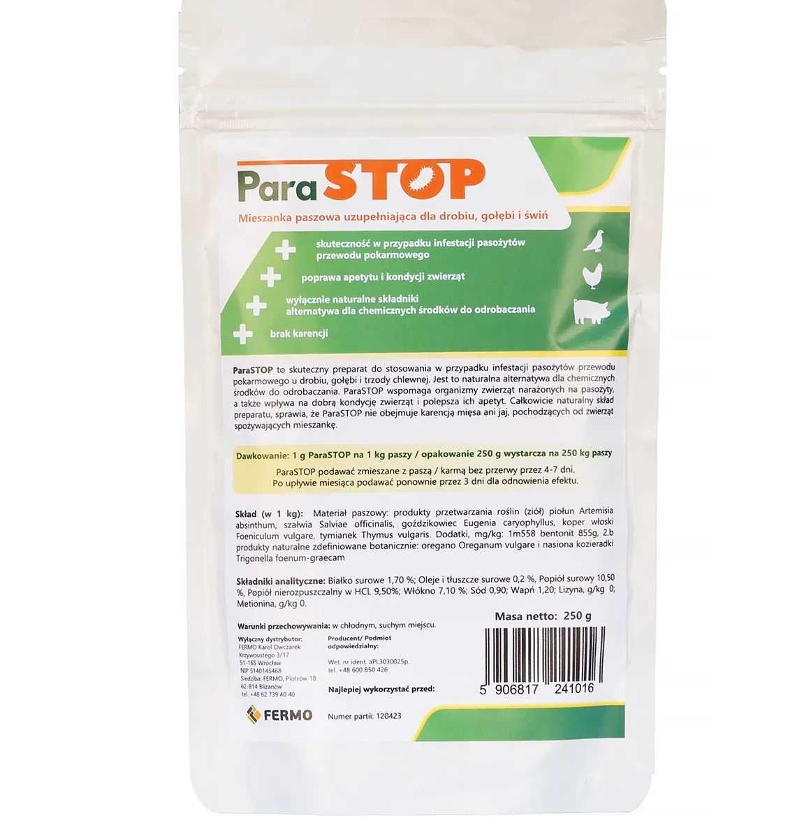 ParaSTOP preparat na odrobaczenie kur niosek drobiu gołębi i świń 250g