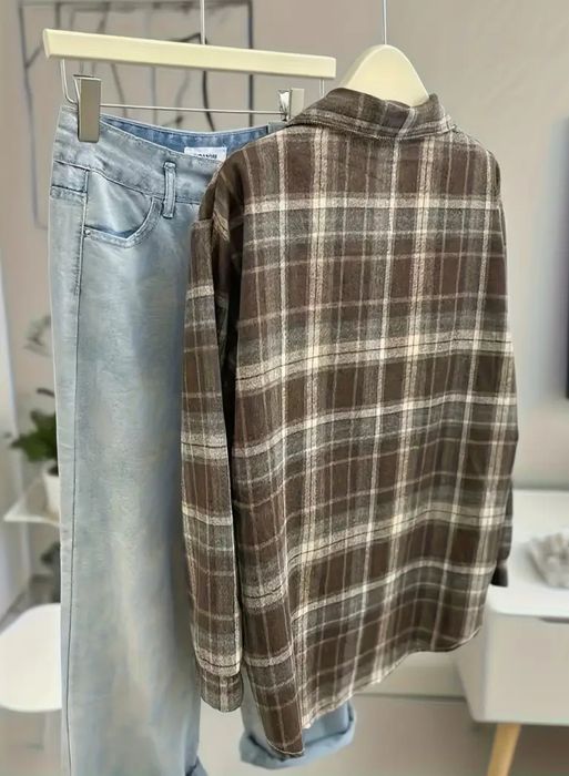 картата сорочка, рубашка в клітинку оверсайз коричнева