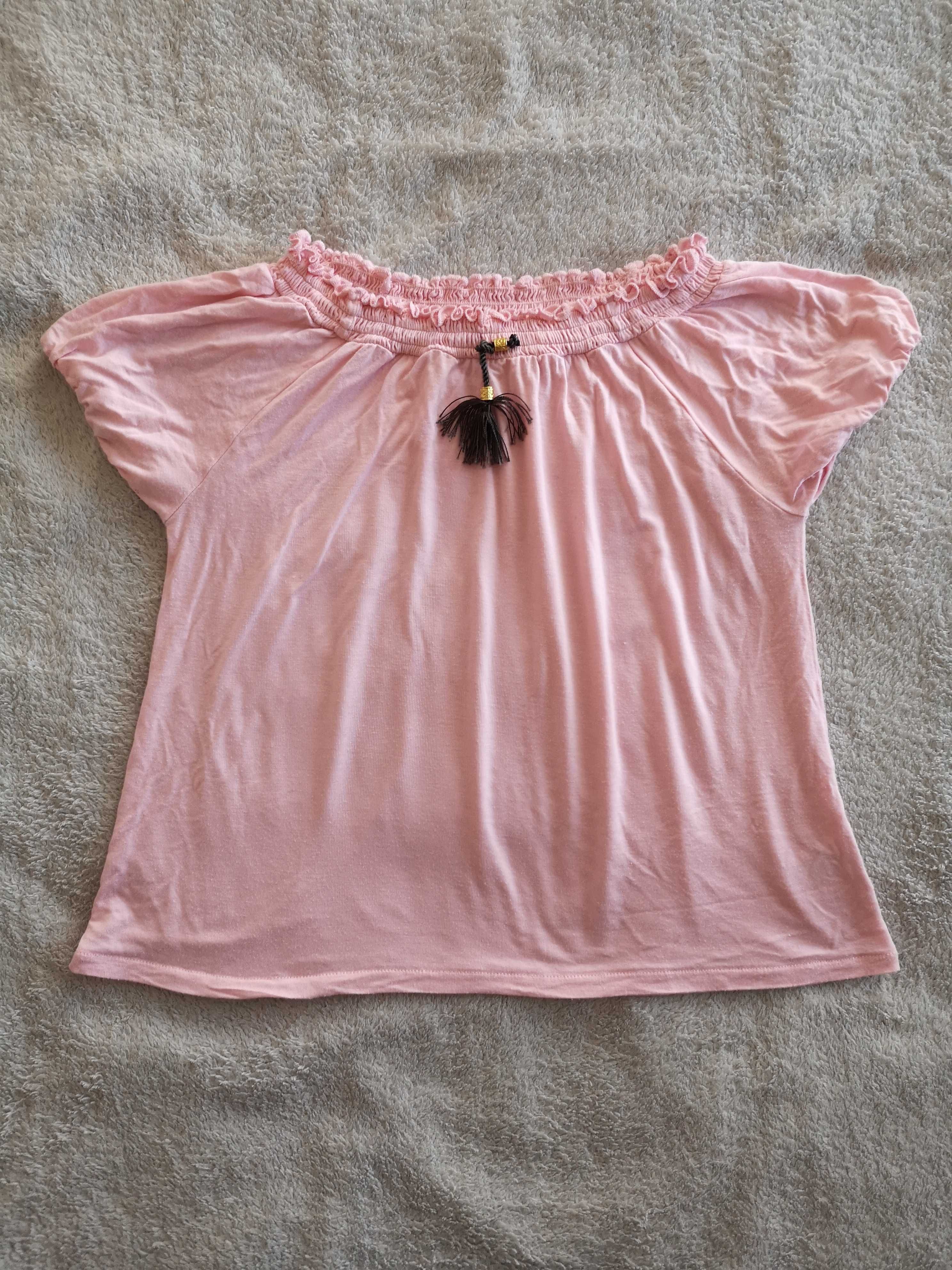 Różowa jednokolorowa bluzka z frędzlami bufkami Kappahl 134 - 140