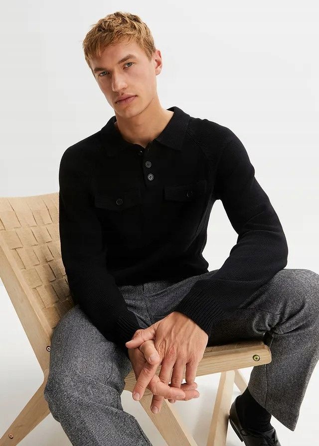 B.P.C sweter czarny męski z kołnierzykiem r.M