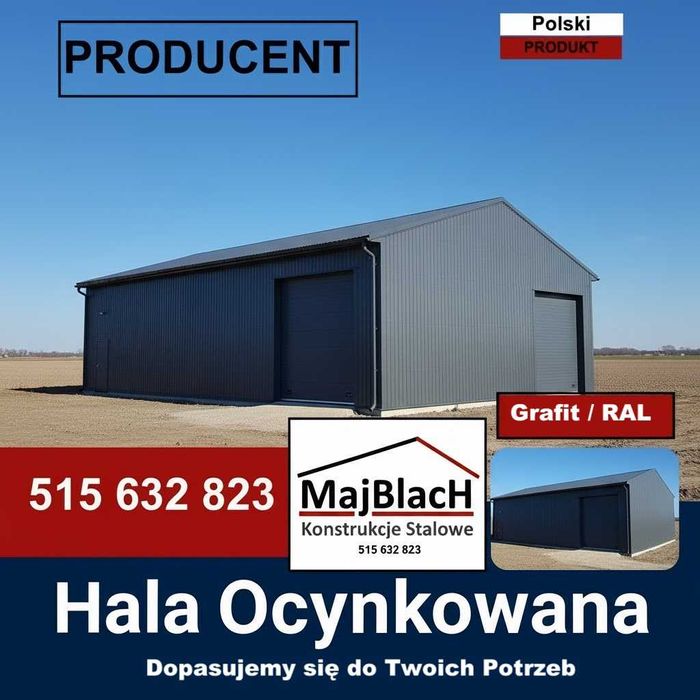 Garaż Blaszany OCYNKOWANY| Konstrukcja Stalowa| Duża Hala - Maj-Blach
