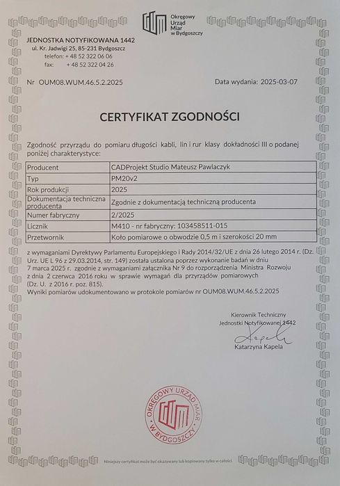 Miernik Licznik długości kabla lin przewodów Certyfikat Urząd Miar