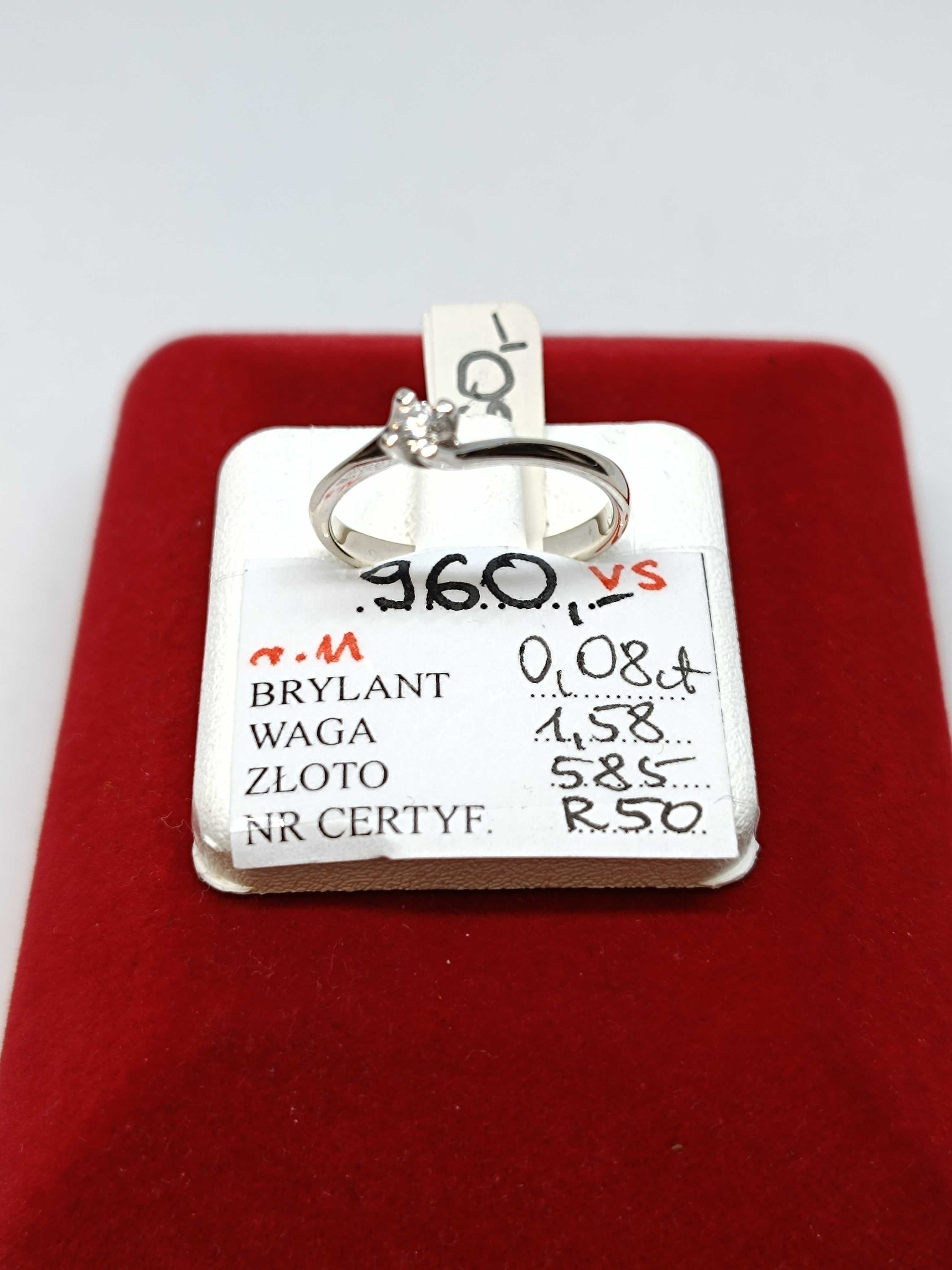 Złoty pierścionek z białego złota z brylantem roz. 11, złoto próby 585