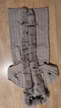 Nowy kardigan sweter wełniany futro naturalne beż 38-40-42