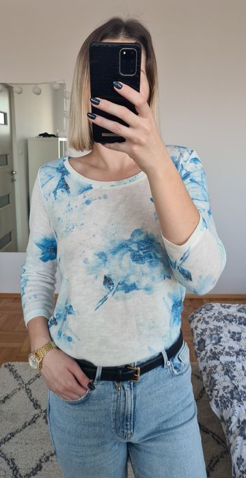 Biały lekki sweter sweterek w niebieskie kwiaty Reserved 38 / M