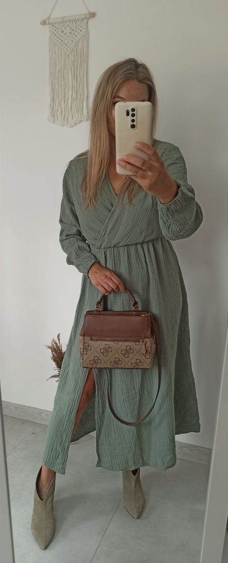 Zara sukienka muślinowa bawełna khaki zielona MIDI