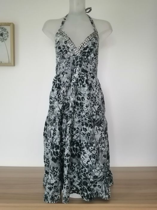 Szara sukienka wzory bawełna wiązana falbany lato George, rozmiar 10