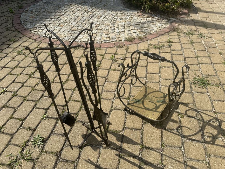 Metalowy zestaw do kominka czarny złoty szczotki do kominka koszyk