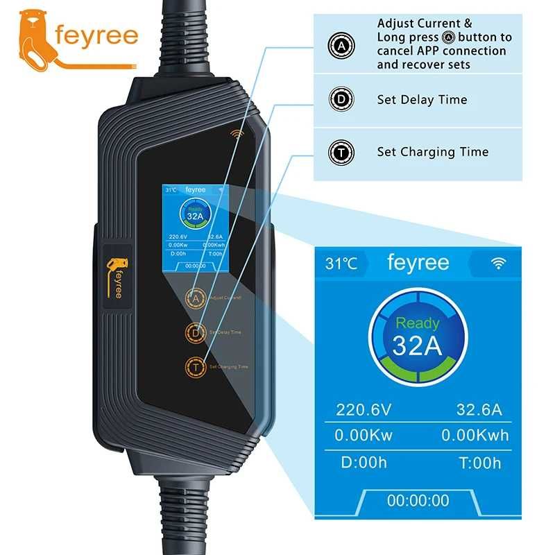 Feyree 7KW 32A, GBT, з Wi-Fi, кабель 5 м зарядне для електромобіля