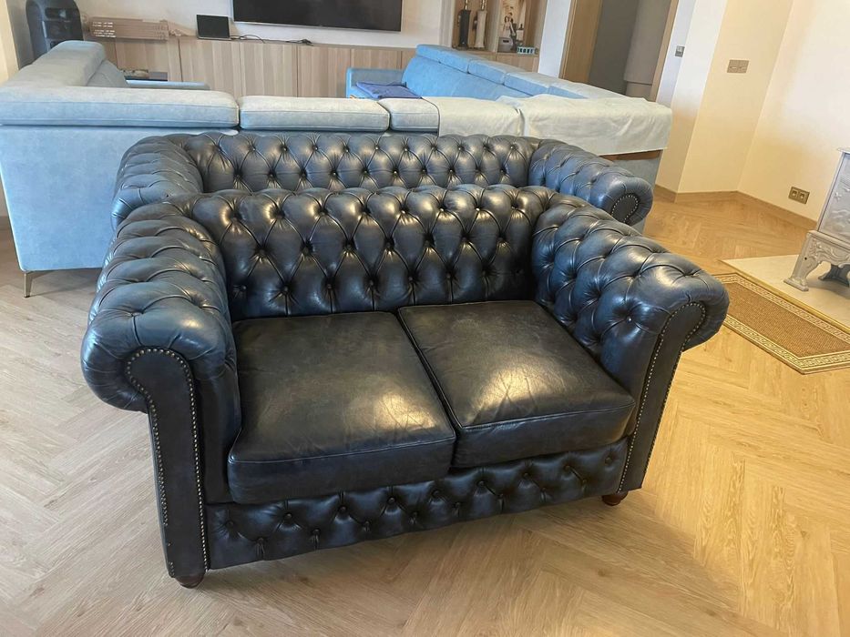 Sofa chesterfield skóra 2-os niebieska