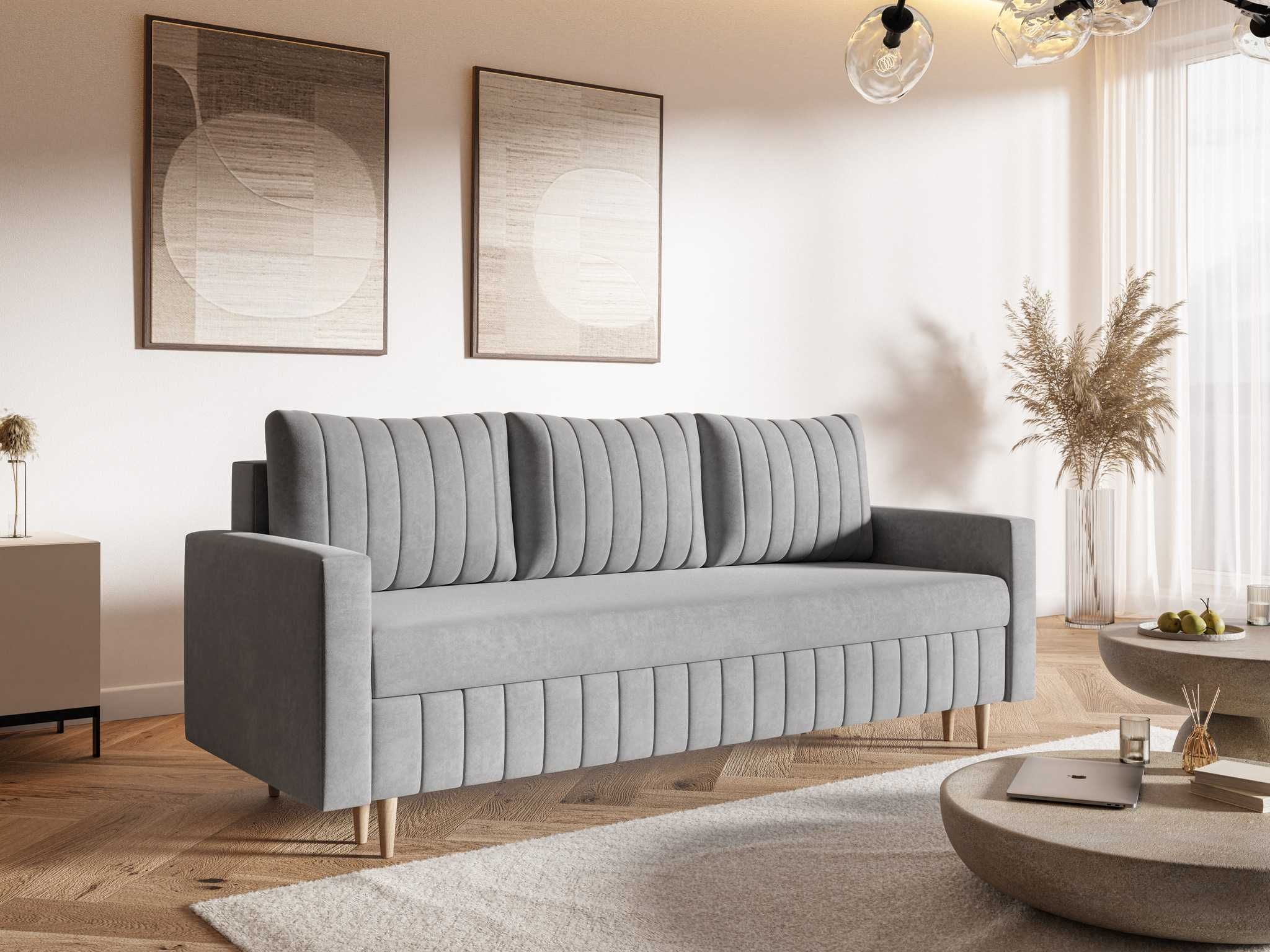 Sofa skandynawska 215 cm na drewnianych nóżkach z pojemnikiem Scandi