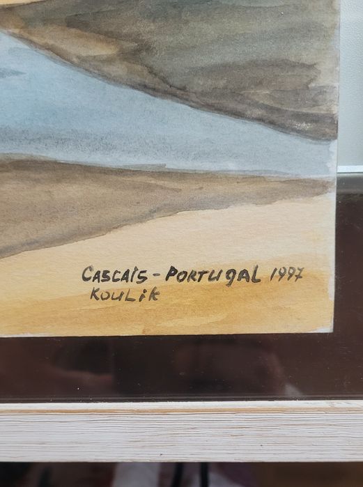 Quadro com aguarela do farol sta marta cascais