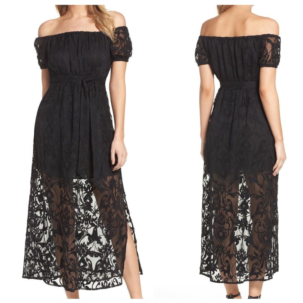 Сукня чорна Bardot довга в квіти літня миди платье под пояс летнее S