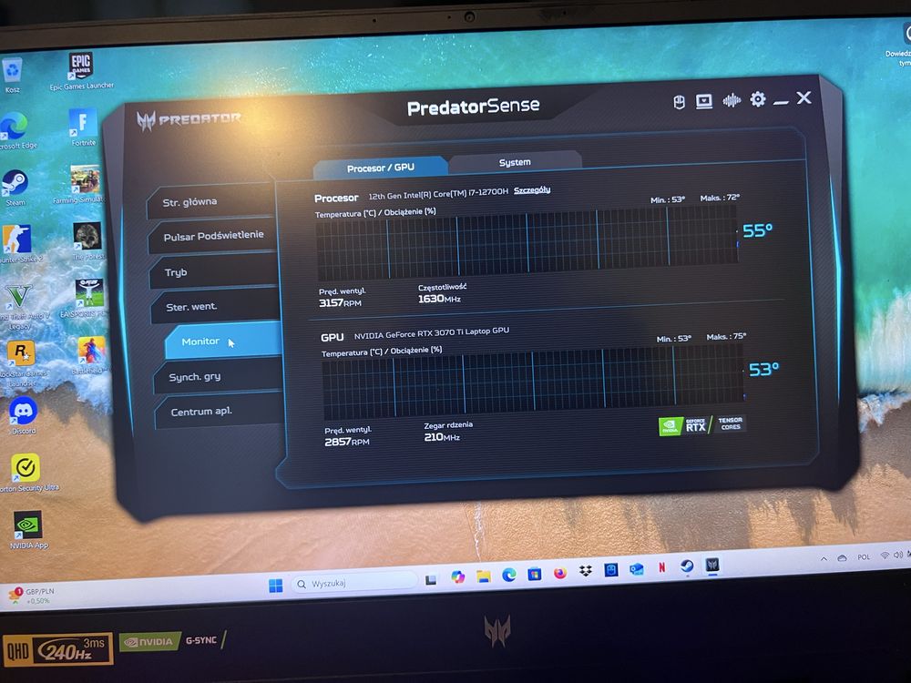 Sprzedam mocny laptop gamingowy!! Acer predator helios 300 ekran 240hz